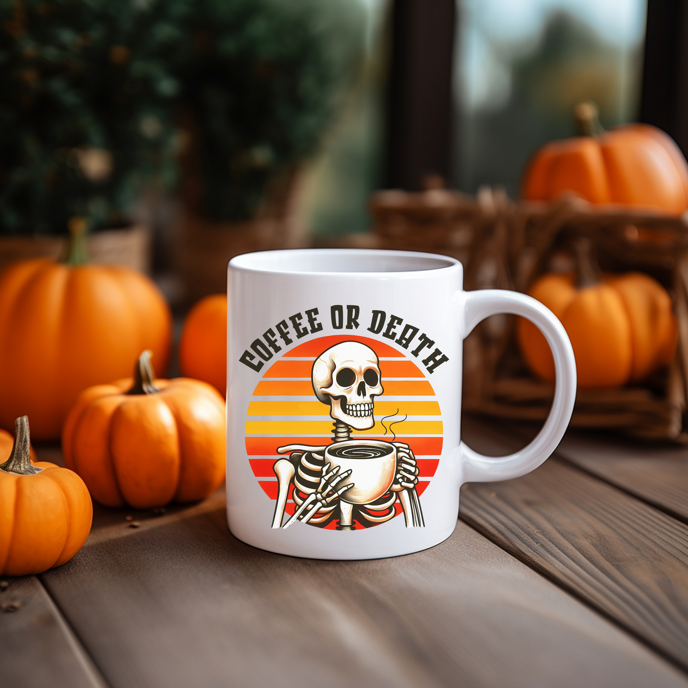 a white coffee mug with a skeleton on it