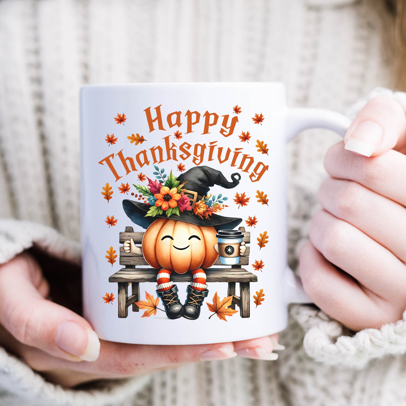 a woman holding a coffee mug with a happy thanksgiving pumpkin on it