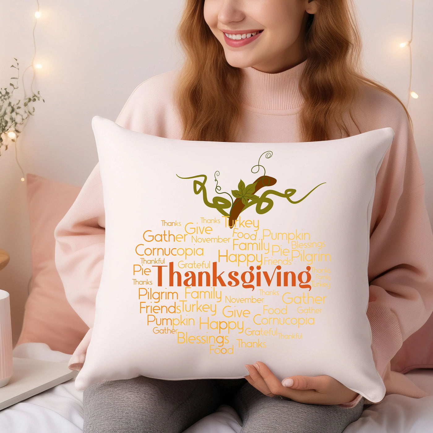 a woman sitting on a bed holding a pillow