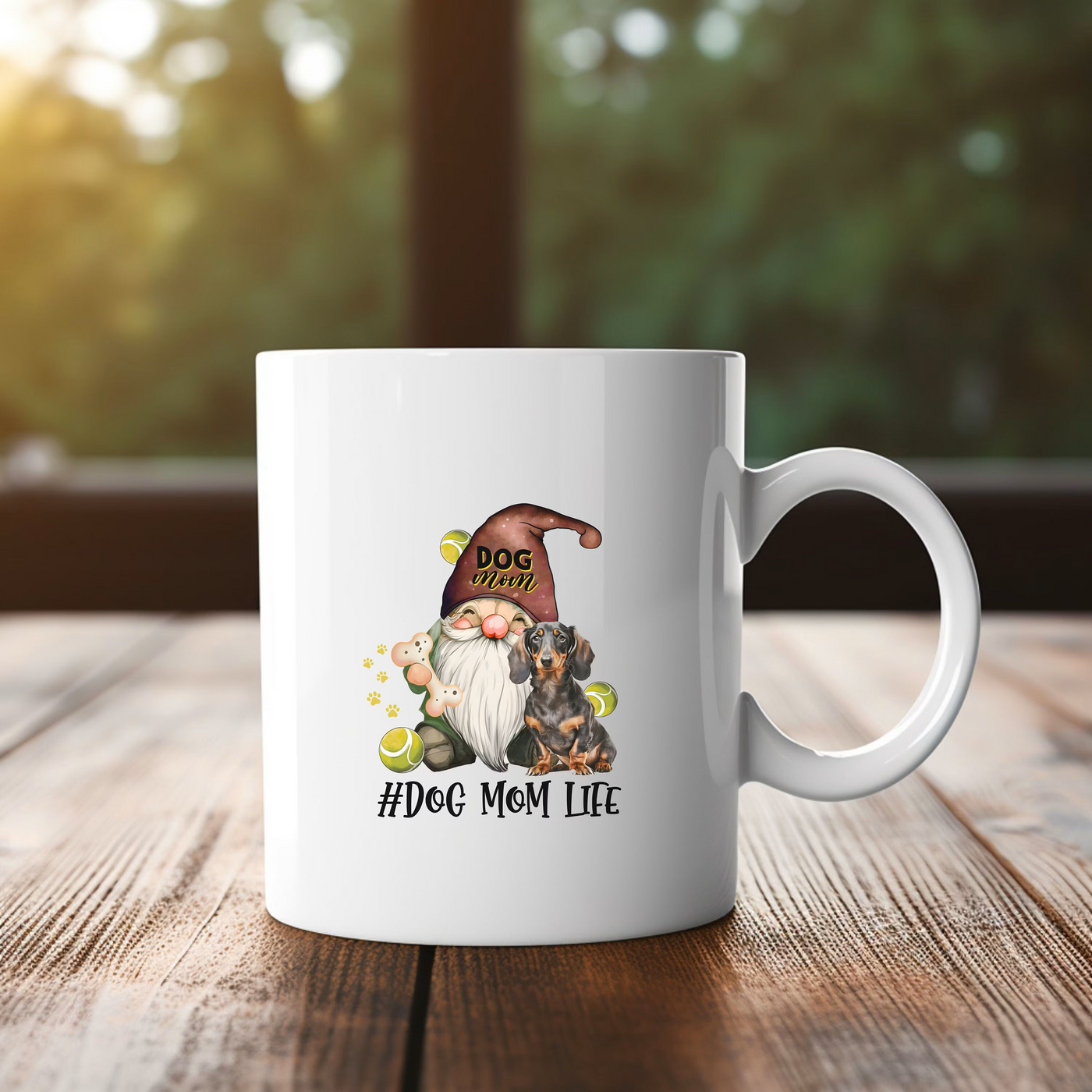 a white coffee mug with a gnome and a dog on it