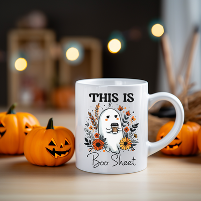 a white coffee mug with a ghost and pumpkins around it