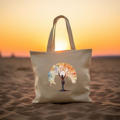 a bag with a tree on it sitting in the sand