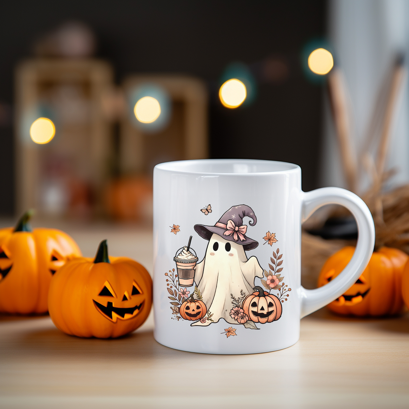 a white coffee mug with a ghost holding a cup of coffee