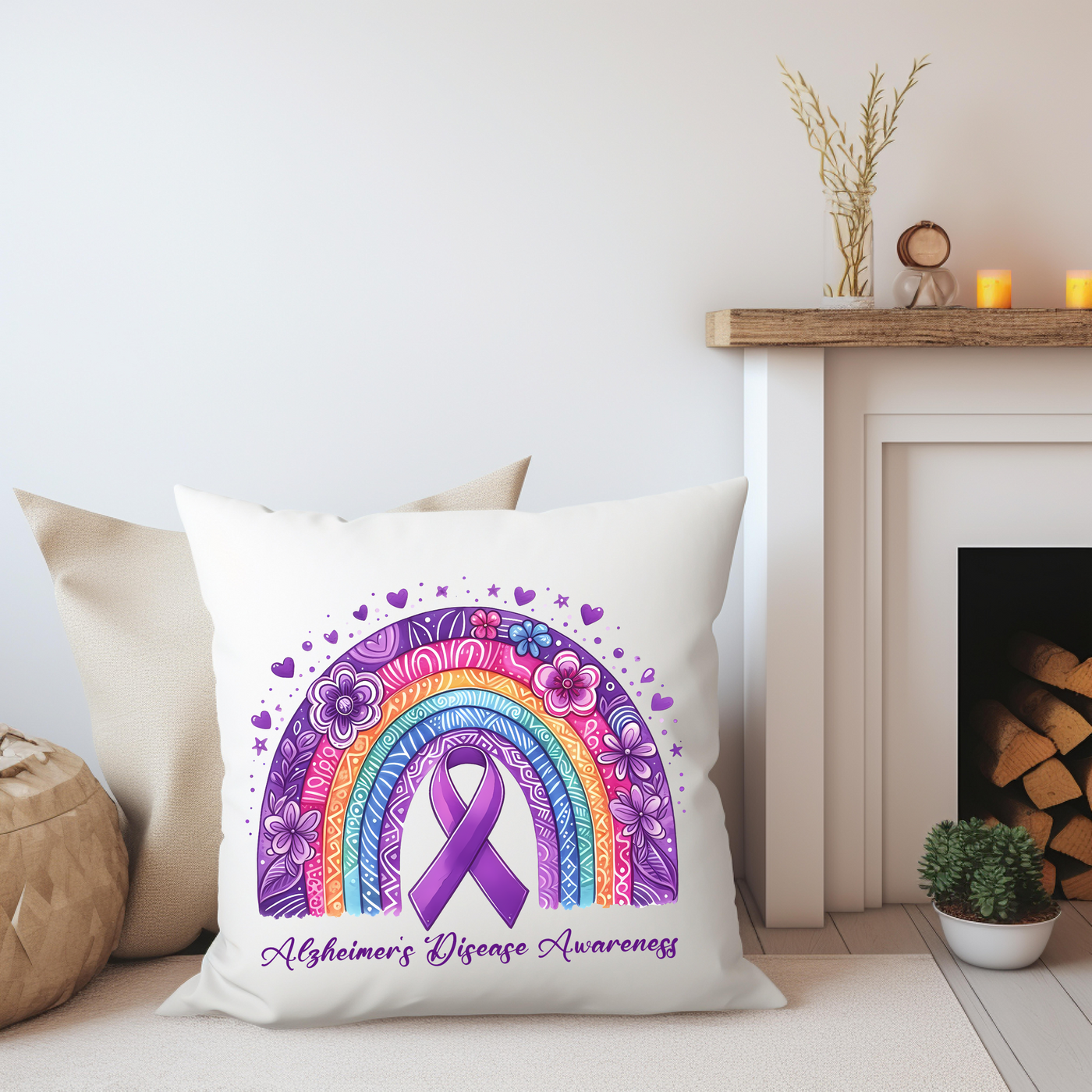 a white pillow with a purple ribbon on it