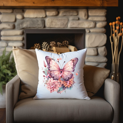 a butterfly pillow sitting on a chair in front of a fireplace