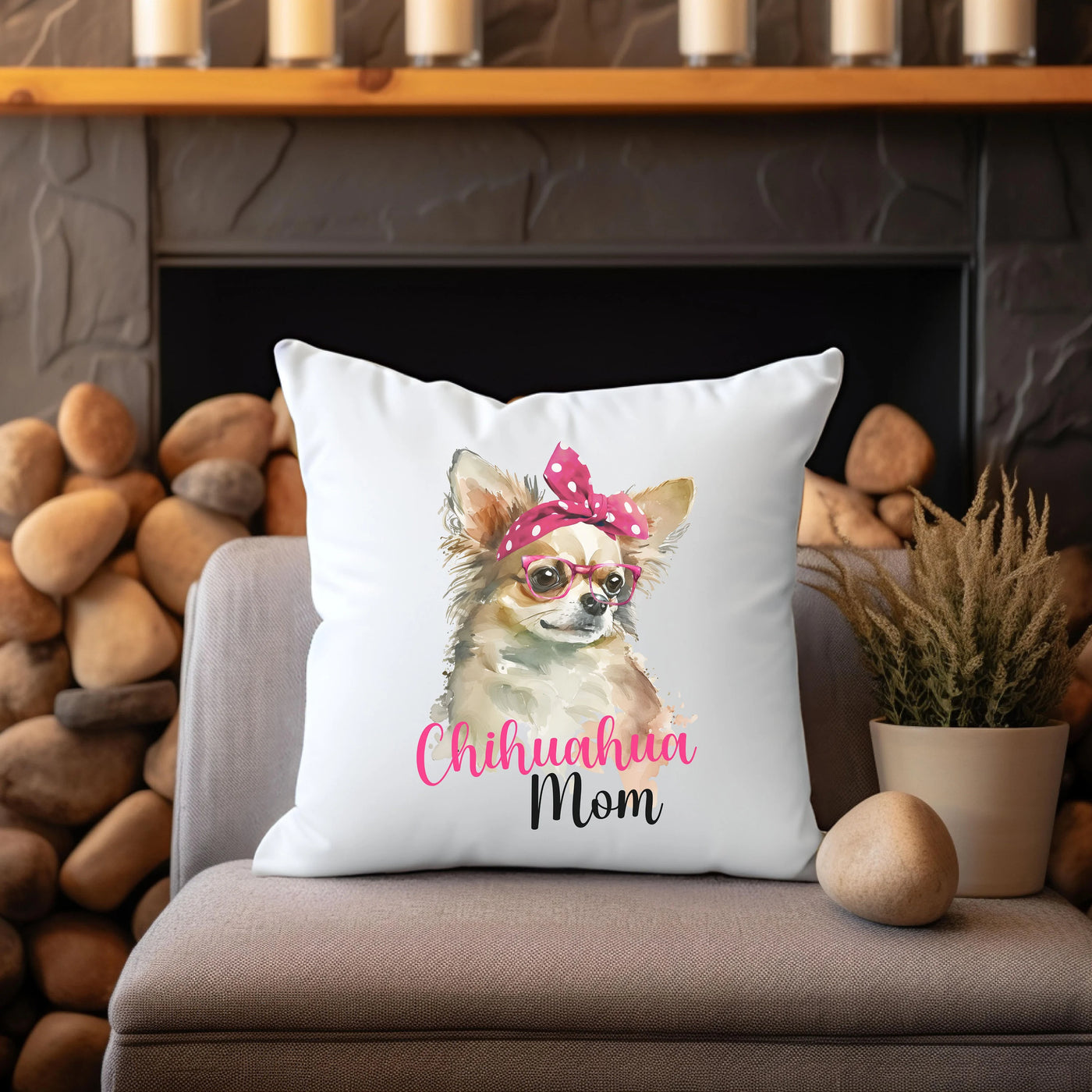 a pillow with a dog wearing sunglasses and a pink bow