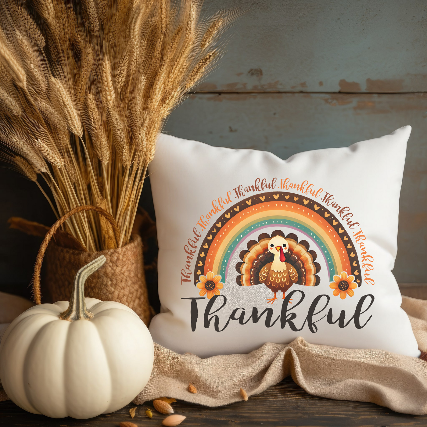 a white pillow with a thanksgiving turkey on it