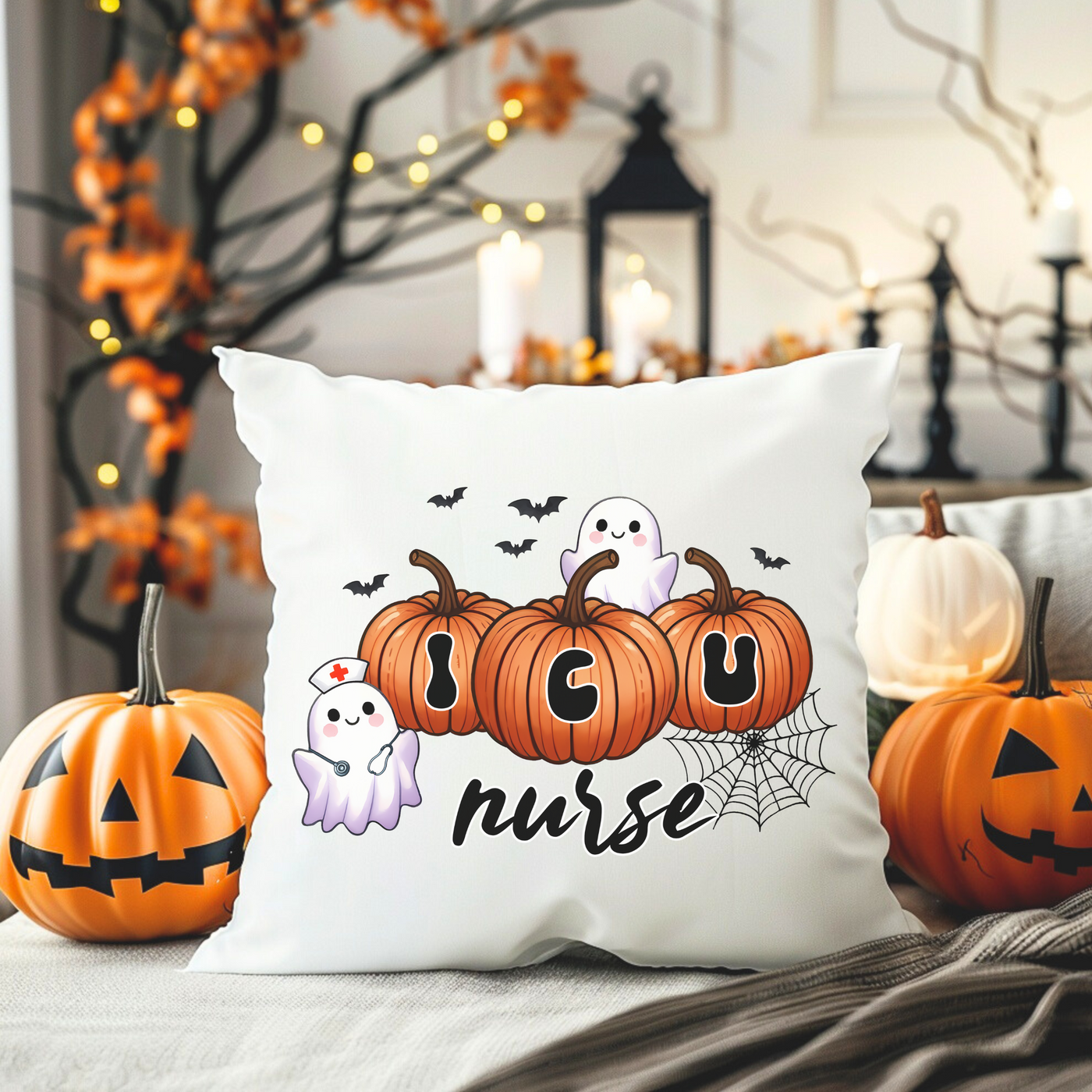 a pillow with a picture of three pumpkins on it