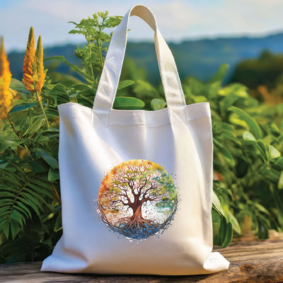 a white tote bag with a tree on it