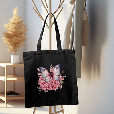 a black tote bag with a picture of a butterfly on it