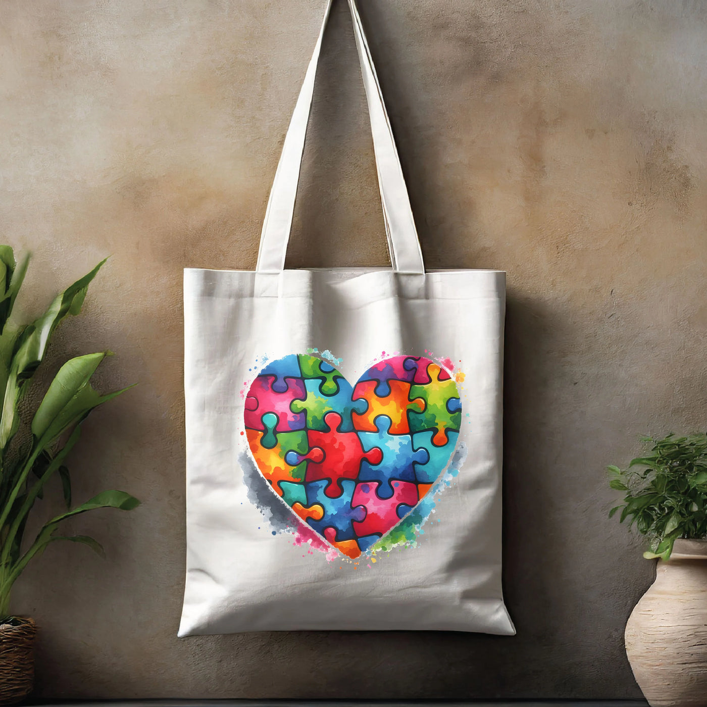 a tote bag with a heart made out of puzzle pieces