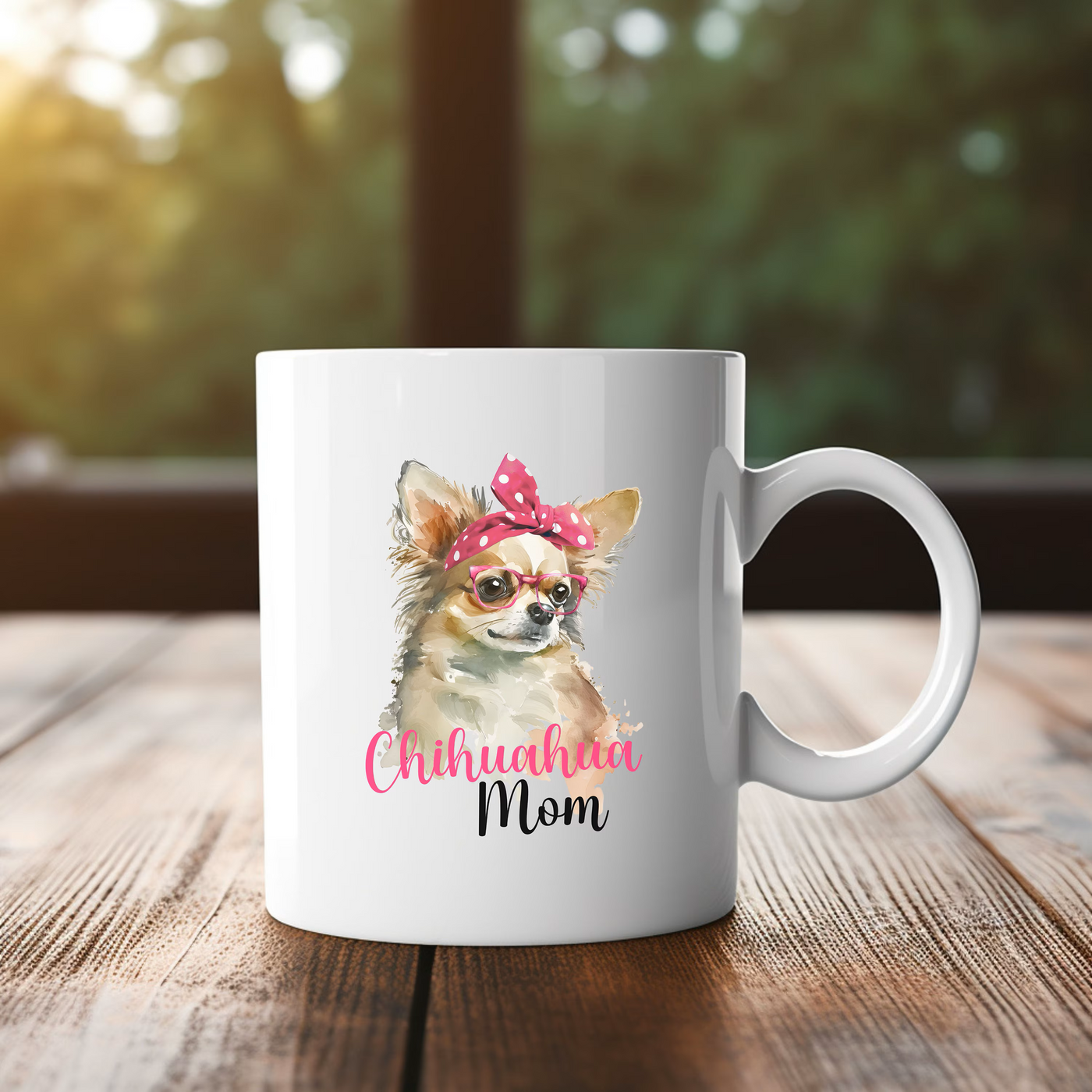 a white coffee mug with a chihuahua mom on it