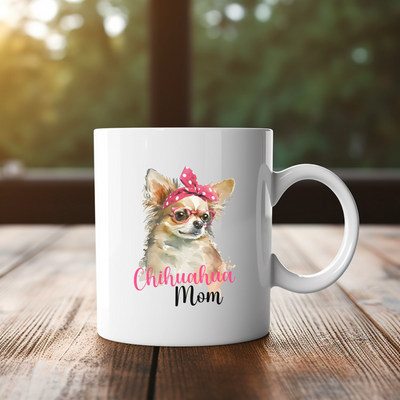 a white coffee mug with a chihuahua mom on it