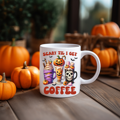 a coffee mug sitting on top of a wooden table