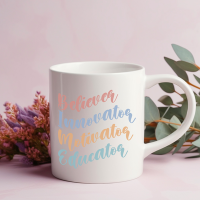 a coffee mug with the words heaven, innevator, innevator,