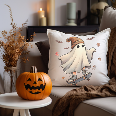 a pillow with a ghost riding a skateboard