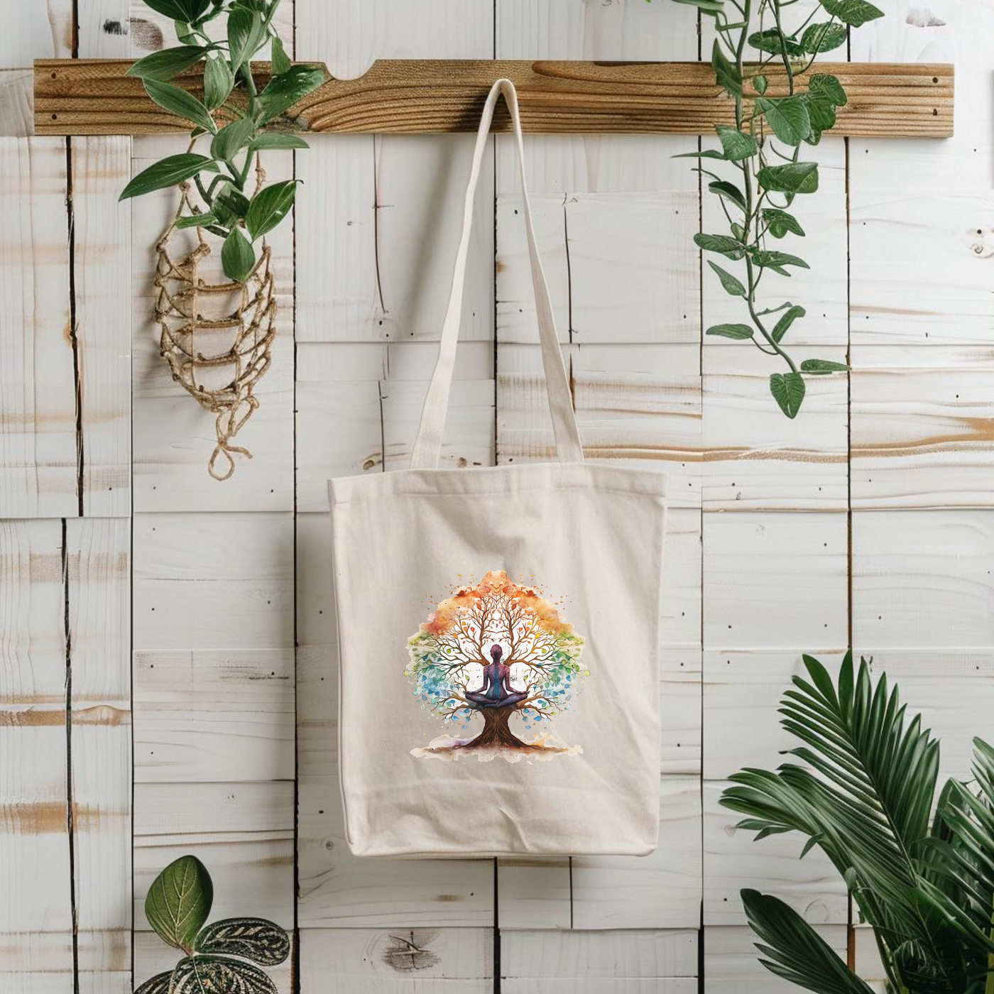 a tote bag hanging on a wall with a tree on it