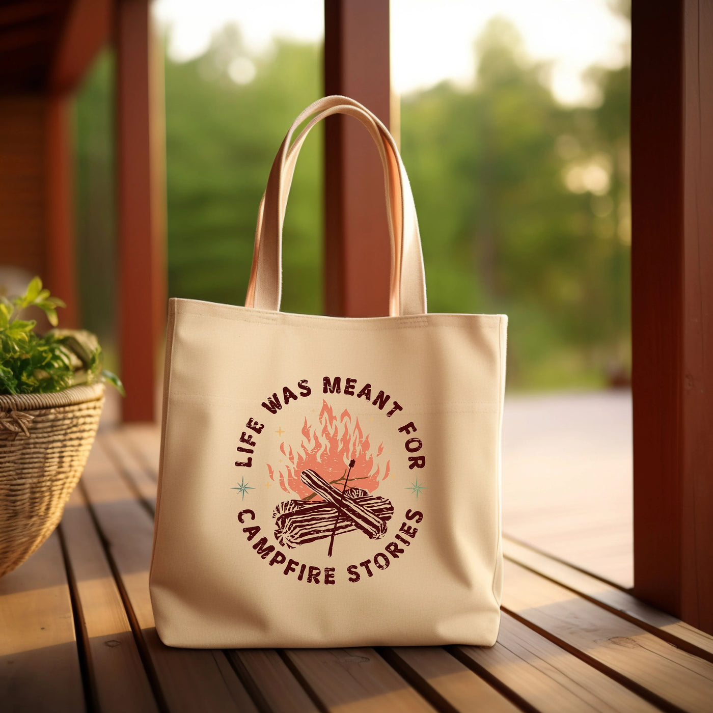 a tote bag sitting on a wooden porch