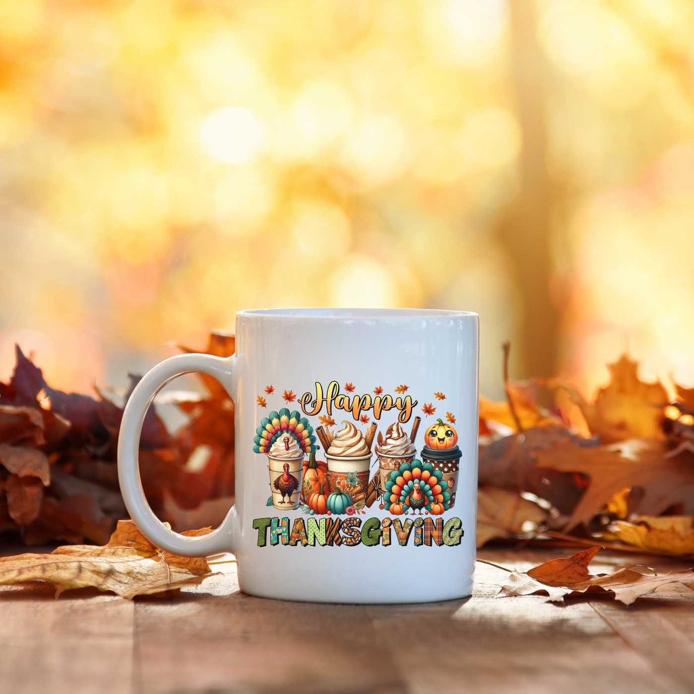 a white coffee mug sitting on top of a wooden table