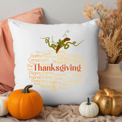 a white pillow with a thanksgiving message on it