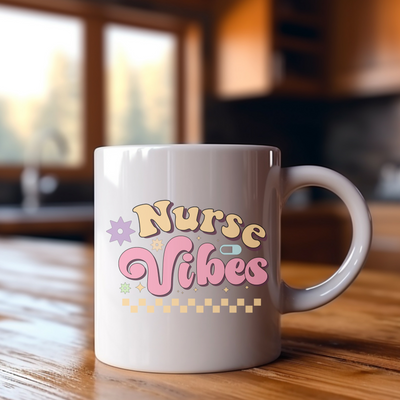 a white coffee mug sitting on top of a wooden table