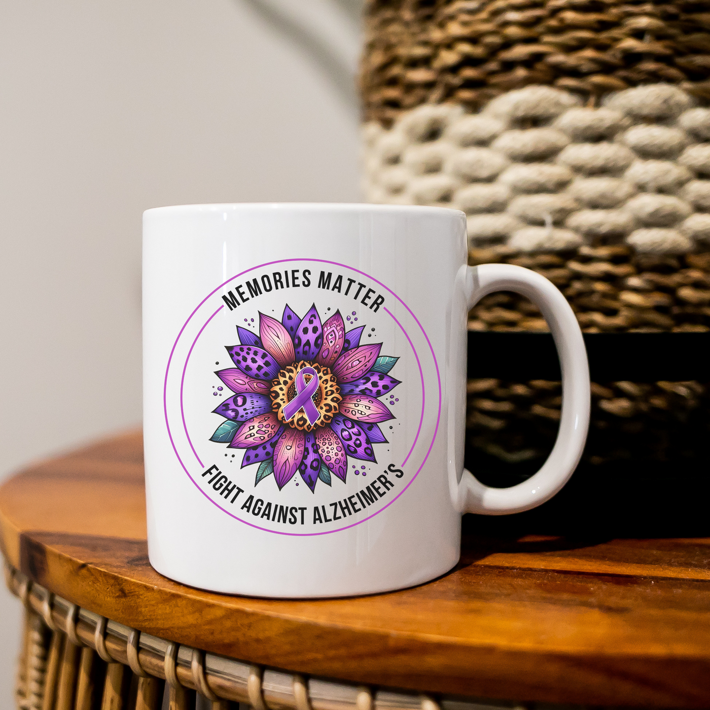 a white coffee mug sitting on top of a wooden table