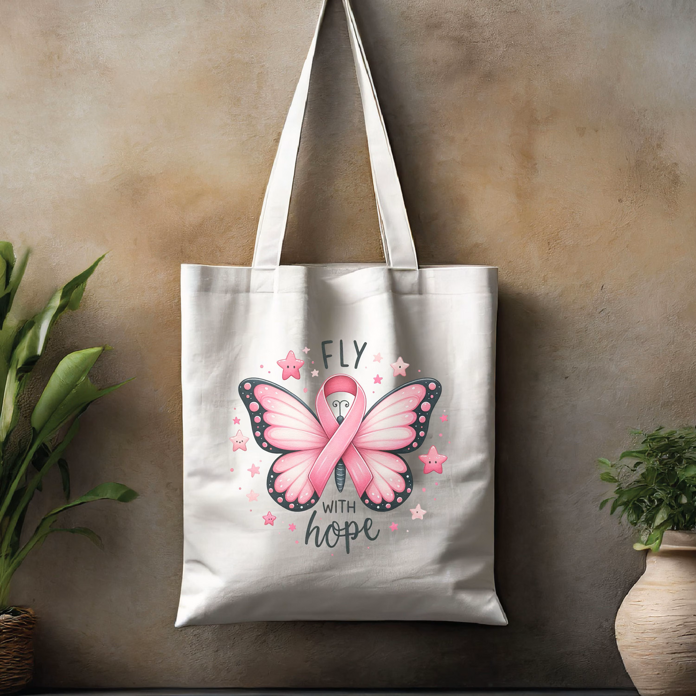 a tote bag with a pink ribbon on it