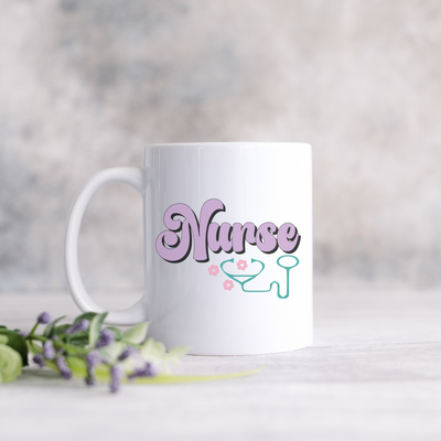 a white coffee mug with the word nurse on it