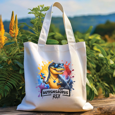 a tote bag with an image of a dinosaur on it