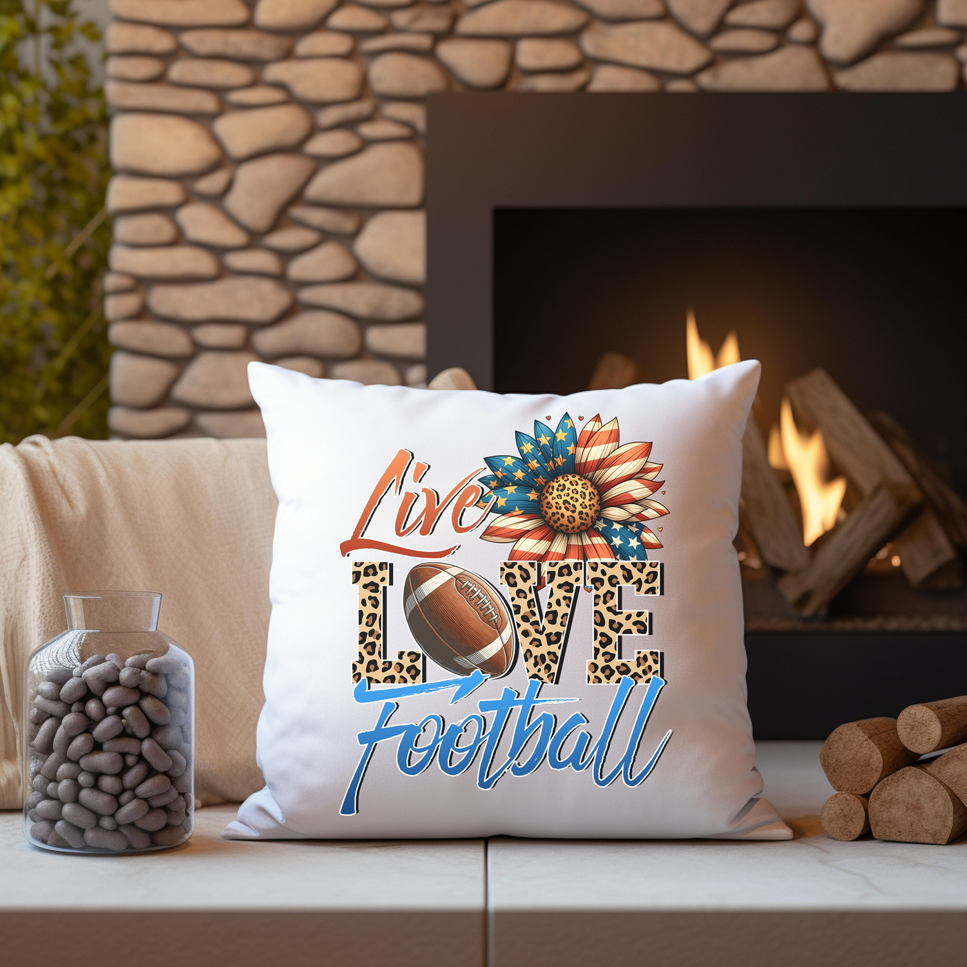 a football pillow sitting on top of a couch next to a fire place