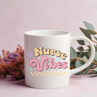 a white coffee mug with the words nurse vibe on it