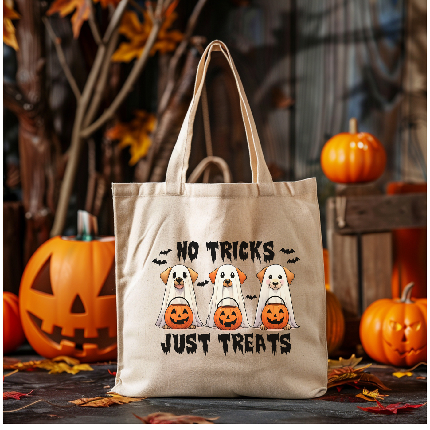 a canvas bag with a ghost and ghost dogs on it