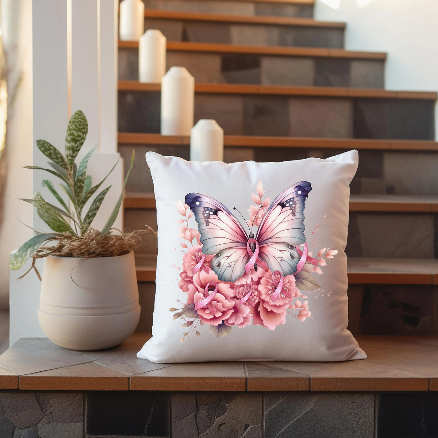 a white pillow sitting on top of a wooden table