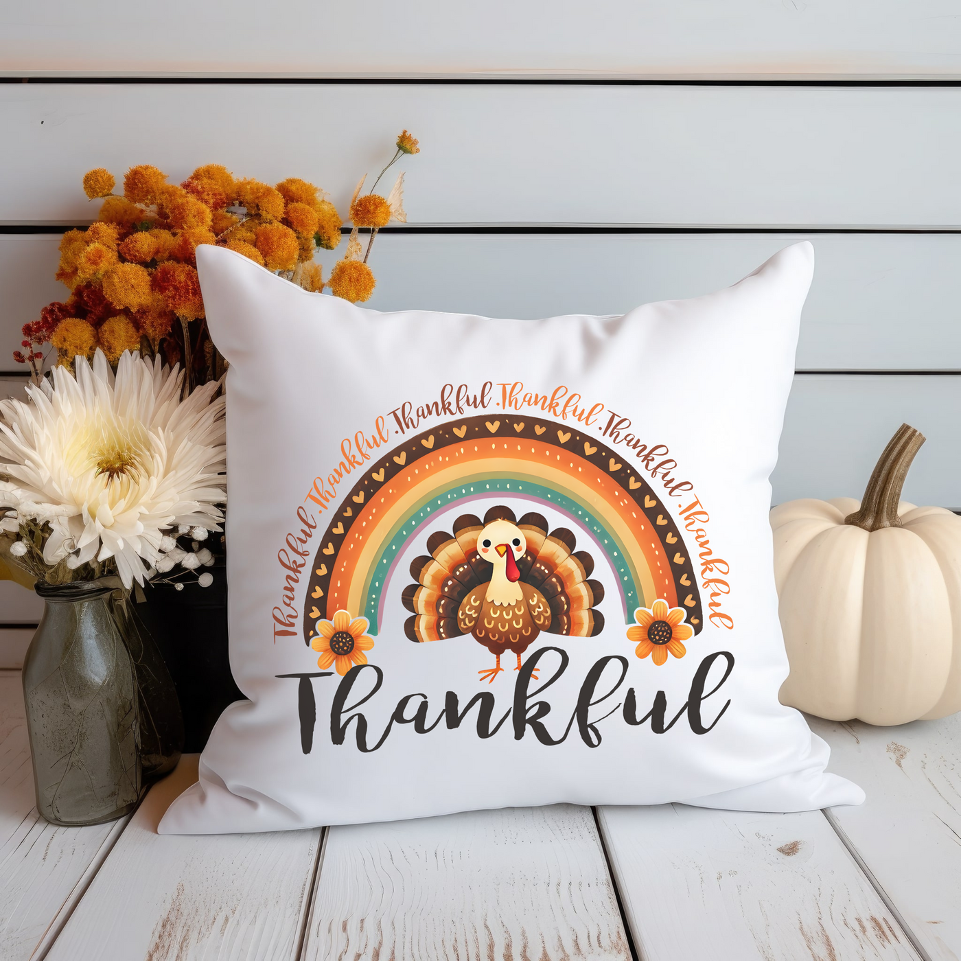 a white pillow with a thanksgiving turkey on it