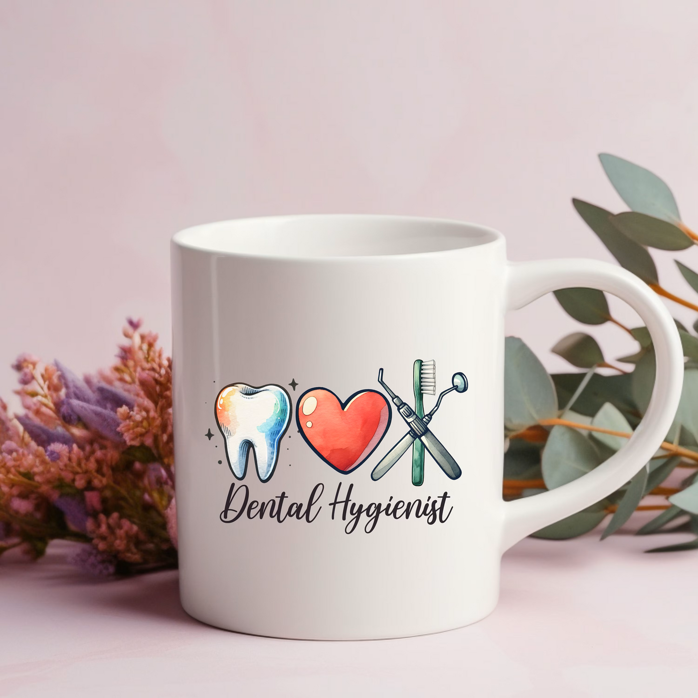 a white coffee mug with the words dental hygiene on it