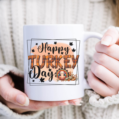 a woman holding a coffee mug with a turkey design on it