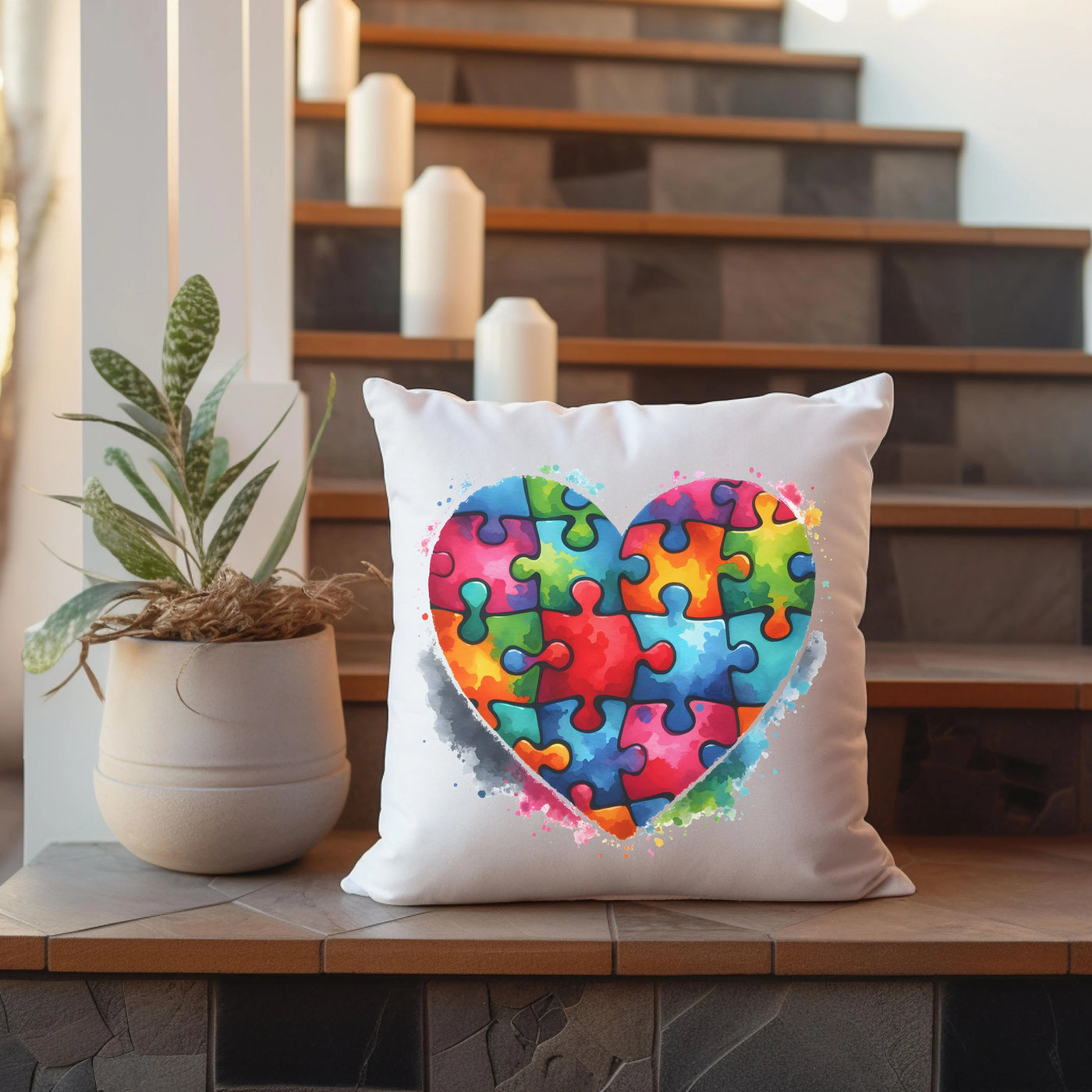 a heart shaped puzzle piece pillow sitting on top of a table