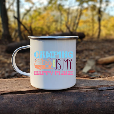 a camper mug sitting on top of a log