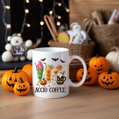 a white coffee mug sitting on top of a wooden table