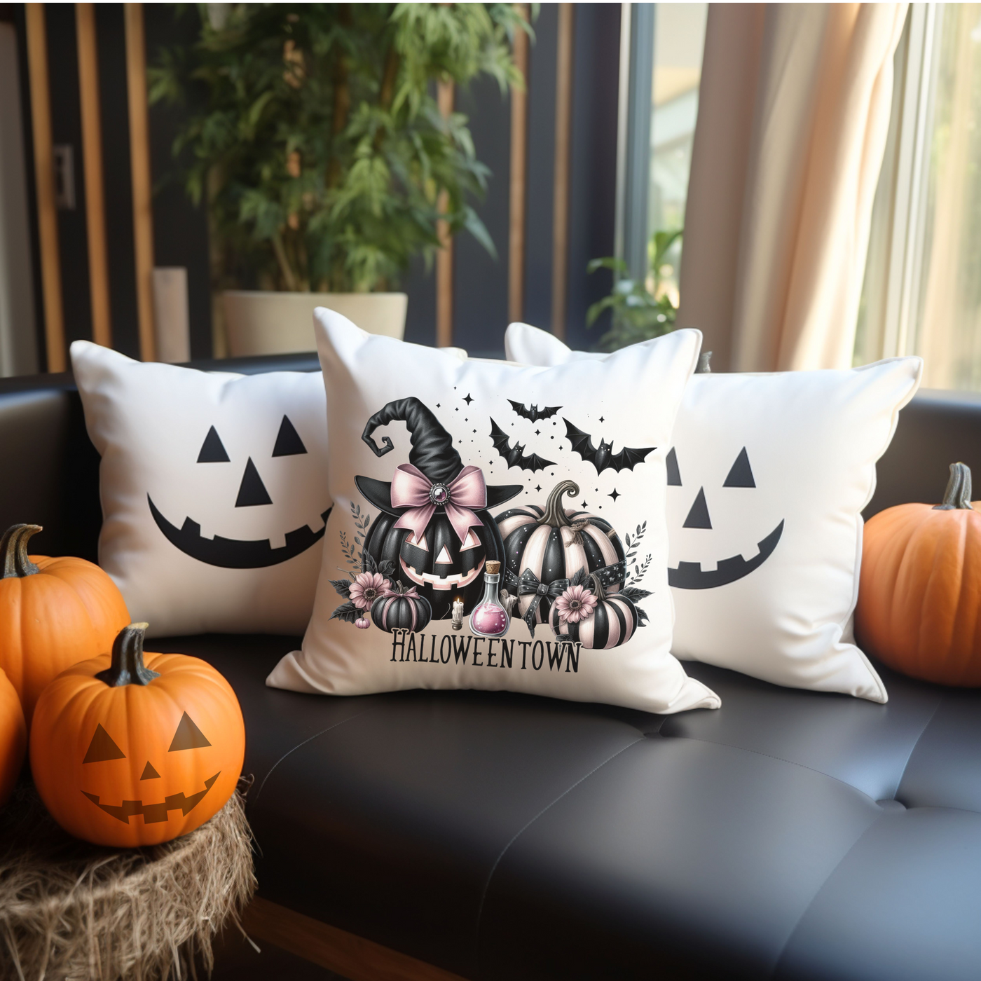 three halloween pillows on a couch with pumpkins