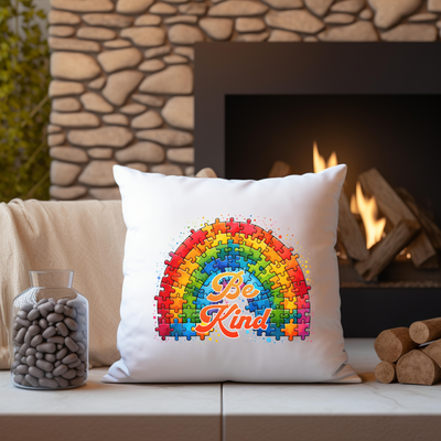 a white pillow sitting on top of a couch next to a fire place