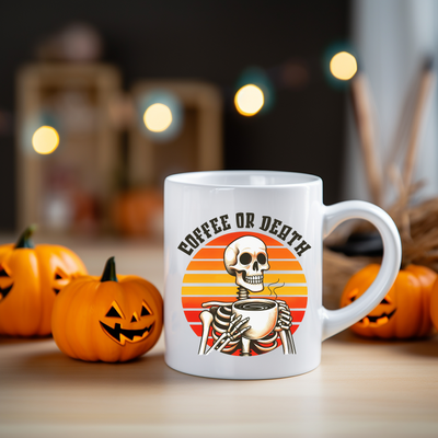 a white coffee mug with a skeleton on it