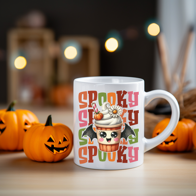 a white coffee mug with a spooky spooky on it