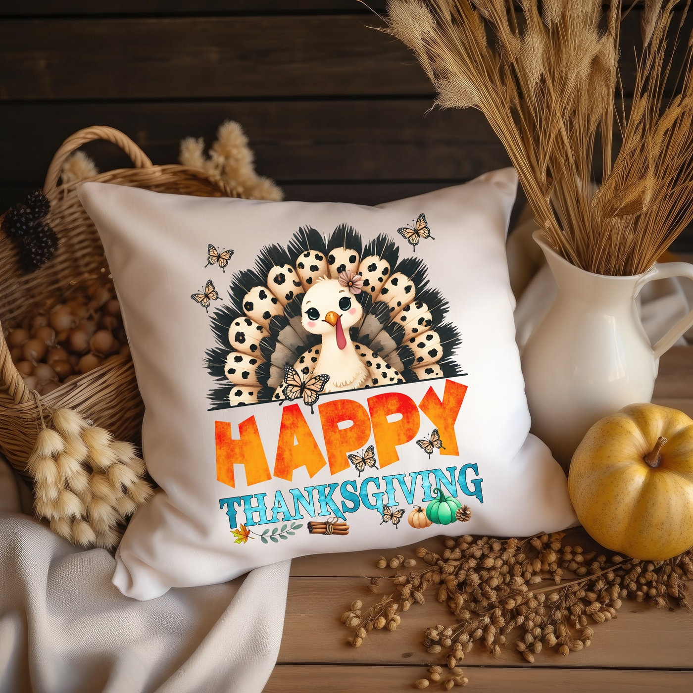 a happy thanksgiving pillow with a turkey on it