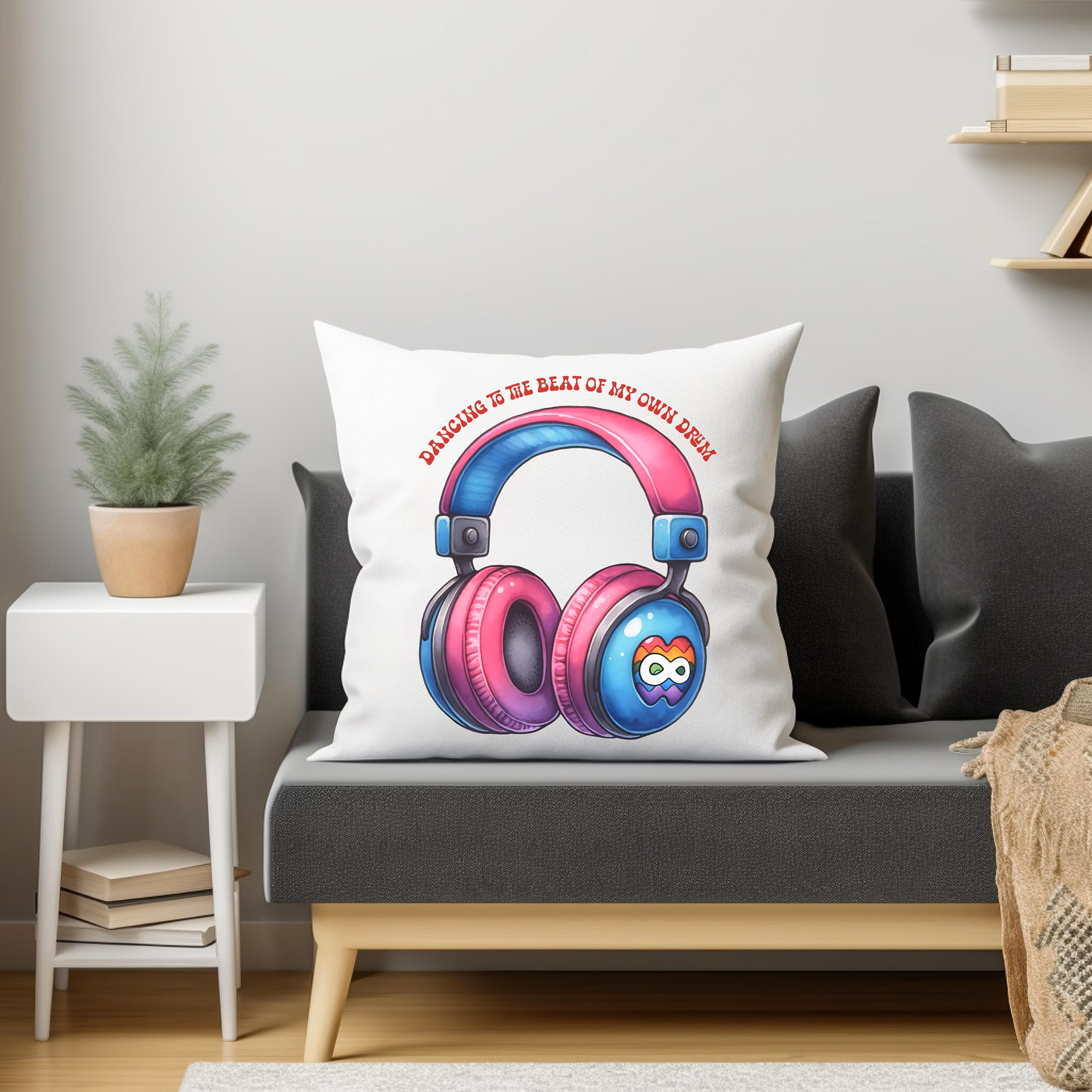 a pillow with headphones on it sitting on a couch