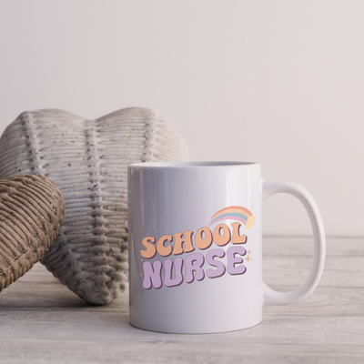 a white coffee mug sitting on top of a wooden table