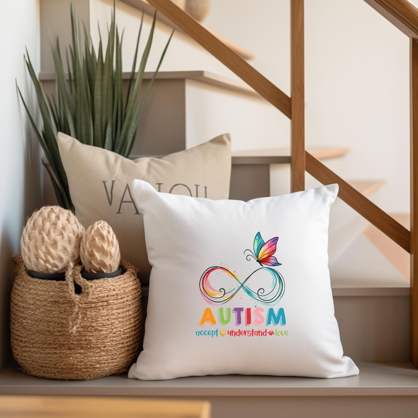 a white pillow sitting on top of a wooden shelf