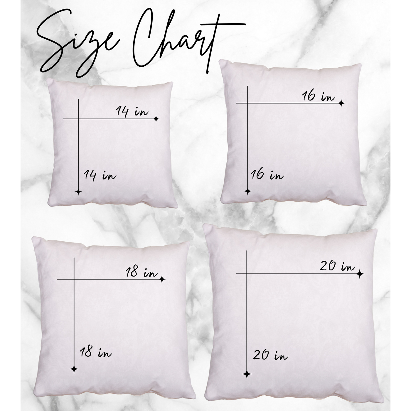 three white pillows with measurements for each pillow