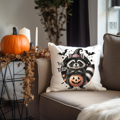 a raccoon wearing a witch hat and holding a pumpkin