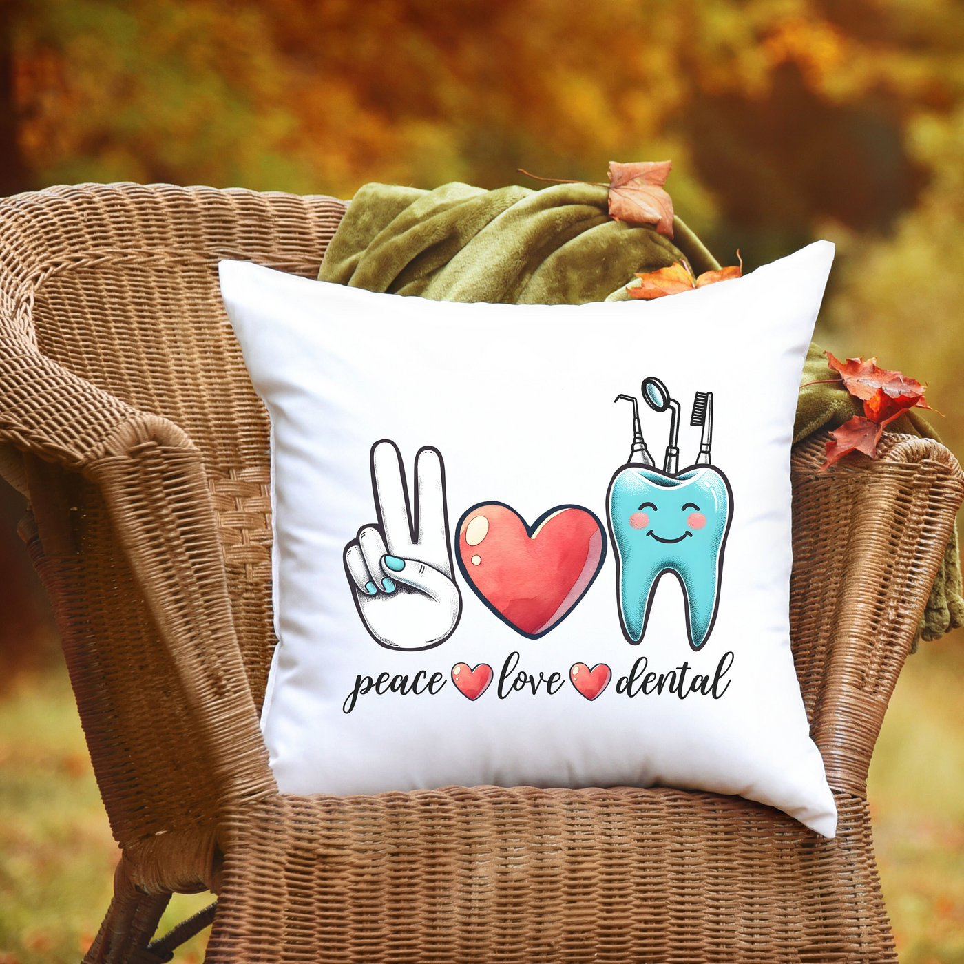 a chair with a pillow that says peace love dental